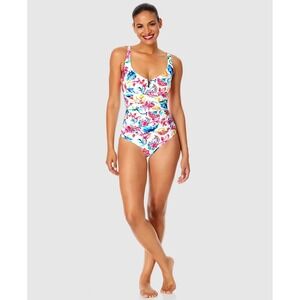 Anne Cole Womens Floral Ruched One Piece Swimsuit Multicolor V-Neck NWT 120306